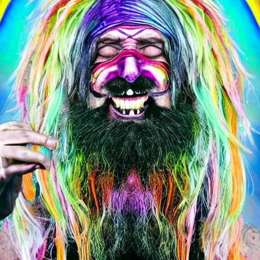 Image similar to a crazy man with long multi colored hair and a pointy beard smiling and making strange gestures as his face melts and inside his face are various psychedelic rebel monsters, psychedelic surreal cosmic bizarre horror