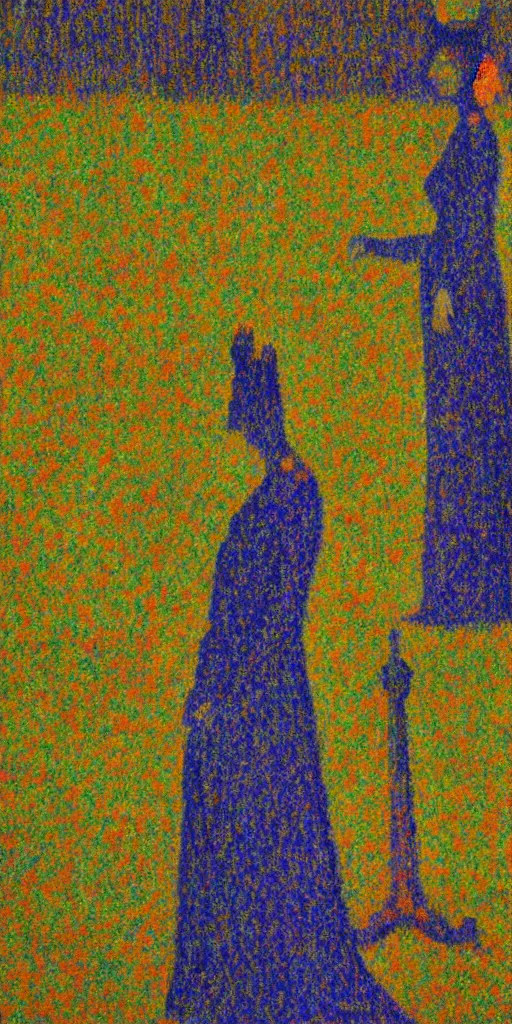 Prompt: a film still of vulvina about a queen in love with the death,, painted by georges seurat, impressionism, pointillism, detailed