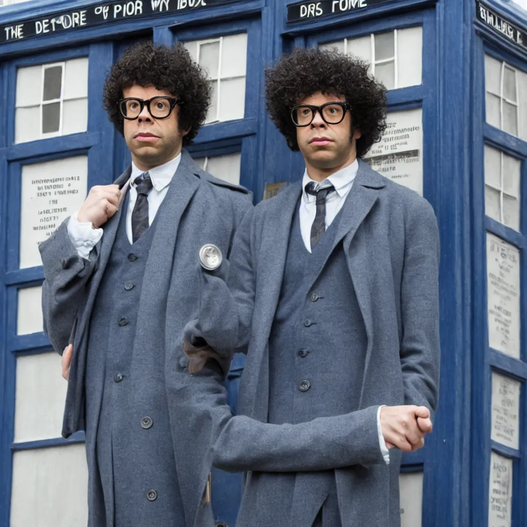 Image similar to Richard Ayoade as the Doctor, in front of the TARDIS