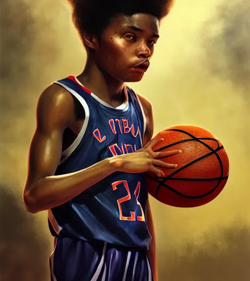 Image similar to portrait of a boy at a basketball court playing basketball wearing a basketball jersey in a basketball court standing near the basketball hoop, intense emotion, detailed facial expression, detailed surroundings, intricate, elegant, highly detailed, centered, digital painting, artstation, concept art, smooth, sharp focus, illustration, by (Peter Mohrbacher), WLOP