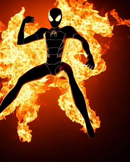 Image similar to photograph of a black and gold suit spider - man stood infront of a blazing inferno, dslr, cinematic, volumetric lighting, 8 k resolution, photorealistic