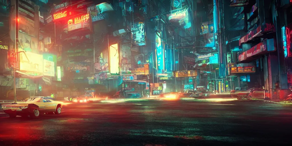 Image similar to a 3 d rendered in unreal engine guatemalan cyberpunk city with neon ads and signs with evocative dramatic mood with blade runner vibe with cars with motion blur with depth of field with bloom with lightshaft with volumetric lights, fog, by scott robertson, oscar winning graphics, photo realistic, bloom, imax, dynamic lighting, artstation,