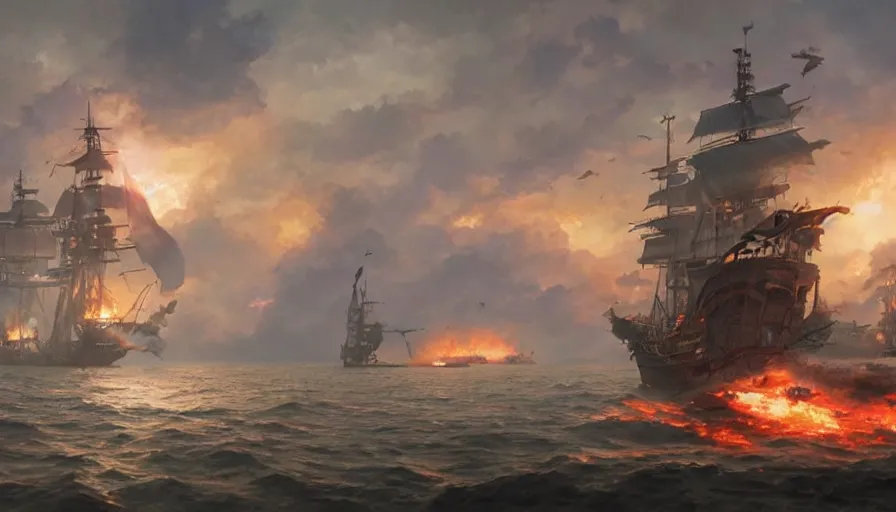 Image similar to A highly detailed matte painting of huge pirate ship battle with fire, smokes and explosions by Studio Ghibli, Makoto Shinkai, by Artgerm, by WLOP, by Greg Rutkowski, volumetric lighting, octane render, 4K resolution, trending on artstation, masterpiece