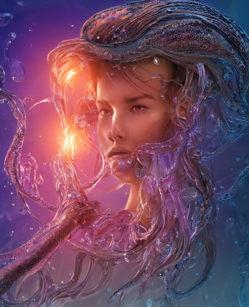 Image similar to close-up macro portrait of the face of a beautiful princess, epic angle and pose, symmetrical artwork, 3d with depth of field, blurred background, cybernetic jellyfish female face skull phoenix bird, translucent, nautilus, energy flows of water and fire. a highly detailed epic cinematic concept art CG render. made in Maya, Blender and Photoshop, octane render, excellent composition, cinematic dystopian brutalist atmosphere, dynamic dramatic cinematic lighting, aesthetic, very inspirational, arthouse. y Greg Rutkowski, Ilya Kuvshinov, WLOP, Stanley Artgerm Lau, Ruan Jia and Fenghua Zhong