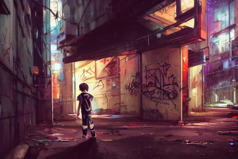 Image similar to a highly detailed contemporary painting of a tiny boy in a Jumpsuit standing in a dark alley, abandoned buildings with graffiti, a nightclub with neon sign, menacing skyline by Studio Ghibli, Makoto Shinkai, by Artgerm, by WLOP, by Greg Rutkowski, volumetric lighting, cyberpunk, octane render, 4K resolution, trending on artstation, masterpiece