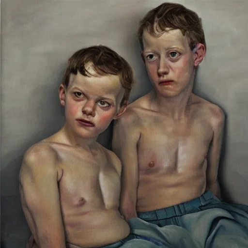 Prompt: high quality high detail painting by lucian freud, hd, portrait of twins, photorealistic lighting