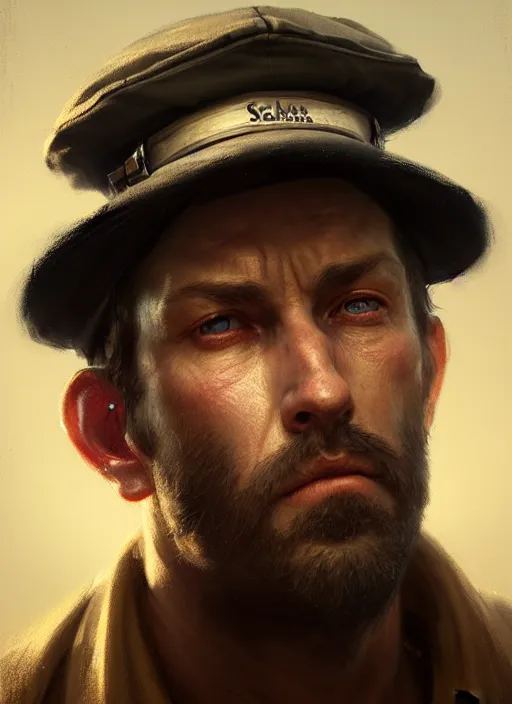 Image similar to portrait of a rugged man wearing a sailors cap, victorian, concept art, detailed face, fantasy, close up face, highly detailed, cinematic lighting, digital art painting by greg rutkowski