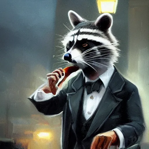 Image similar to a racoon wearing a suit smoking a cigar on his mouth, dramatic lighting, cinematic, establishing shot, extremly high detail, photorealistic, cinematic lighting, artstation, style by James Gurney