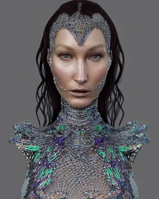 Image similar to a highly detailed metahuman 4 k close up render of an alien goddess bella hadid as alien in iris van herpen dress schiaparelli in diamonds crystals swarovski and jewelry iridescent in style of alphonse mucha gustav klimt trending on artstation made in unreal engine 4