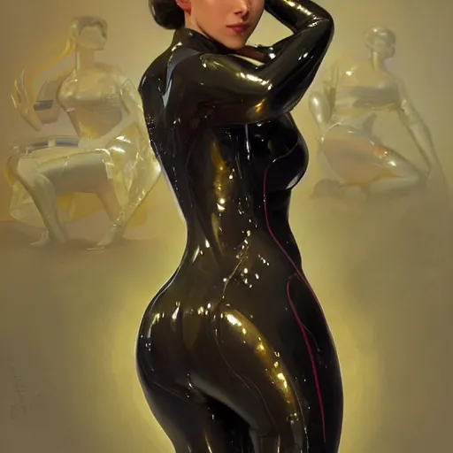 Image similar to portrait of charli d'amelio wearing a latex suit, intricate, elegant, highly detailed, digital painting, artstation, concept art, smooth, sharp focus, illustration, art by artgerm and greg rutkowski and alphonse mucha, 8 k