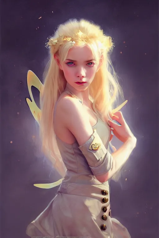 Image similar to cinematic shot of an epic portrait of a cute blonde fairy dressed in military clothes, stylised military clothes, shiny skin, beautiful eyes, beautiful, small details, night setting, realistic poster with volumetric light from jeremy lipkin and michael garmash, craig mallism, artgerm, unreal engine, radiant light, digital art, trends at art station, a masterpiece