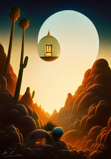 Image similar to a single building flying above a desert oasis in a moonlit night in the style of peter mohrbacher and jacek yerka, detailed, 8 k