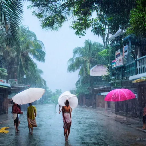 Image similar to monsoon on tropical island, attractive oriental native in white, frontal, ornate, beautiful, atmosphere, vibe, mist, coconuts, rain, wet, pristine, puddles, melting, dripping, snow, creek, lush, ice, bridge, forest, roses, flowers, concept art, luis rollo, ruan jia, steve mccurry, john berkey