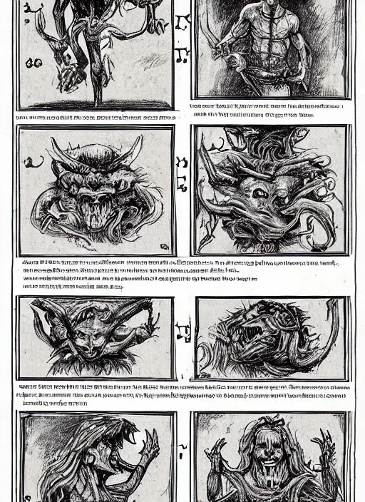 Image similar to a full page scan of detailed vintage illustrated instructions on how to decapitate a demon, handwritten, spells, intricate writing, satanic, evil, grimoire page, necronomicon style