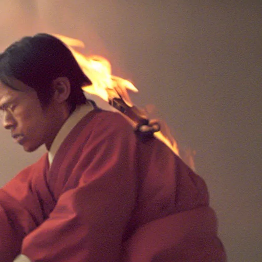 Prompt: cinematic film still of JID starring as a Japanese Sensei with fire, Japanese CGI, VFX, 2003, 40mm lens, shallow depth of field, film photography