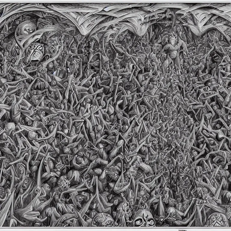 Image similar to expression of mind-matter interaction through death by Alex Grey and M. C. Escher collaboration, digital painting, Groundcore