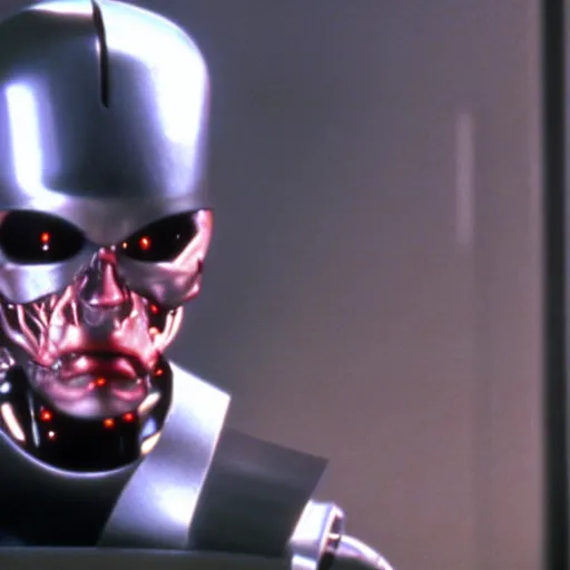 Image similar to still of the terminator ( 1 9 8 4 ) wearing a futuristic helmet with thermal vision, thermal vision