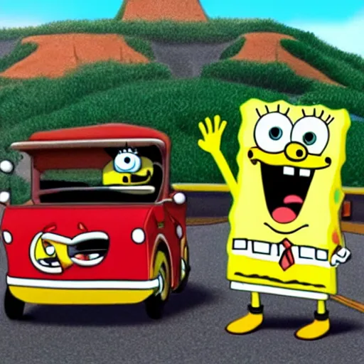 Prompt: spongebob and patrick driving a car on a road