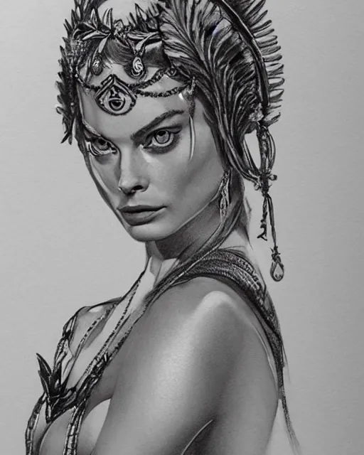 Image similar to realism tattoo sketch of margot robbie as a beautiful greek goddess aphrodite with piercing eyes wearing a laurel wreath and triangle earrings, in the style of greg rutkowski, amazing detail