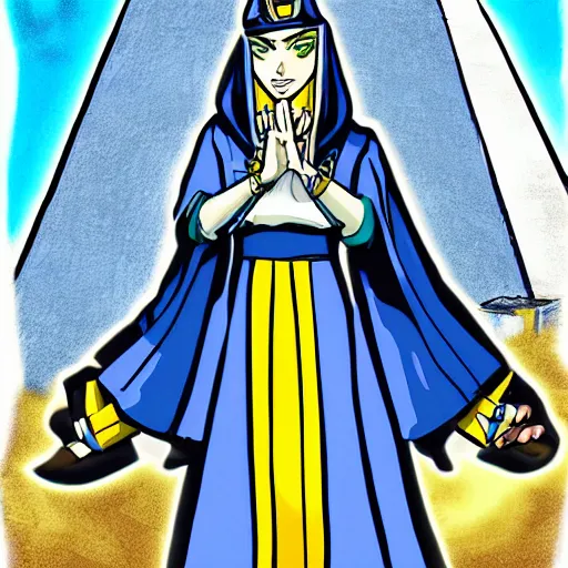 Prompt: a jojo bizarre adventures artstyle drawing : Marie the mother of Jesus dressing blue and yellow next to the pyramids
