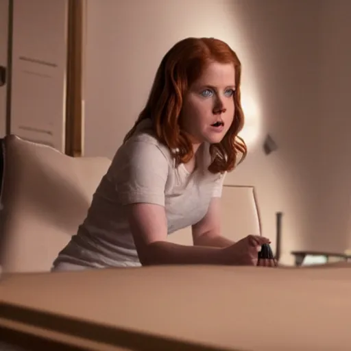 Image similar to a still of young Amy Adams playing videogames, in the movie Arrival, highly detailed and intricate, bokeh, sharp image, cinematic lighting, 8k HDR