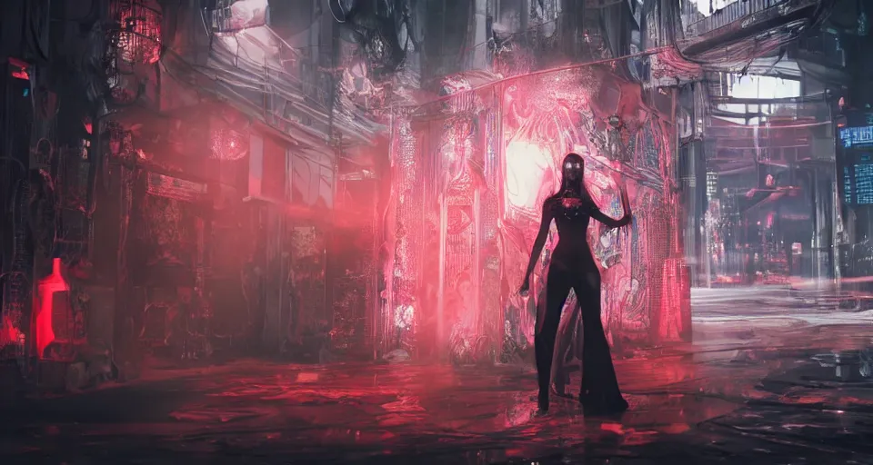 Prompt: a very hot scarlet asian necromancer in cyberpunk-plate-armor, Ultra-HD, doing a summoning futuristic ritual with holograms, Volumetric Lighting, Screen Space Global Illumination, Opaque, Optics, Lumen Reflections, VFX, insanely detailed and intricate, hypermaximalist, elegant, ornate, hyper realistic, super detailed, full body, octane render, unreal engine