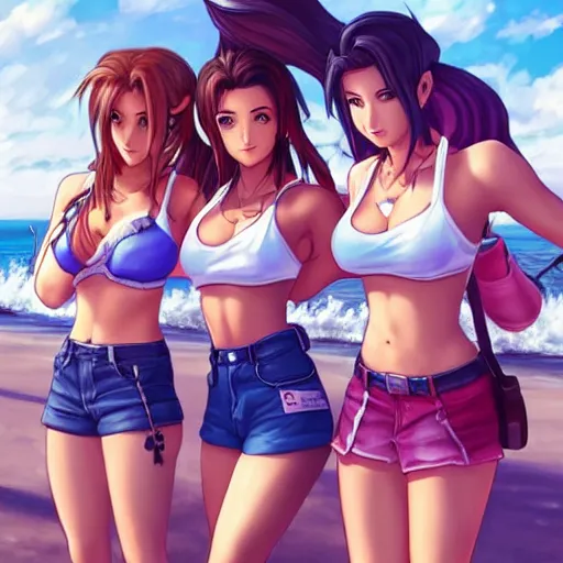 Prompt: beautiful aerith and tifa and jessie from final fantasy in daisy dukes on the beach making eye contact drawn by artgerm