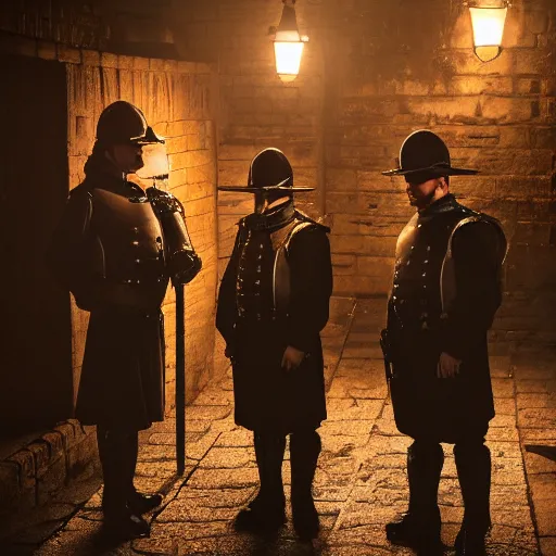 Prompt: photo of three constables, guards, standing in a dark dingy damp alley, oil lamp lighting, medieval, fantasy, dnd, nighttime photograph, trending on artstation