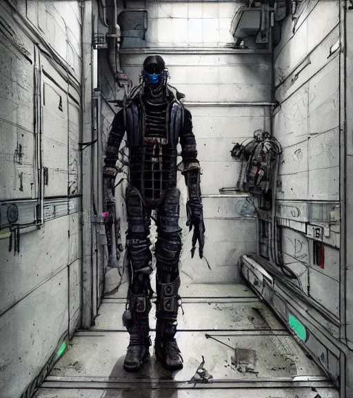 Prompt: realistic cyberpunk engineer with long limbs in a hallway, techwear, dead space, visible face, Industrial Scifi, detailed illustration, character portrait, by Ashley Wood and Moebius