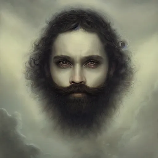 Prompt: By Tom Bagshaw, ultra realist soft painting of gloomy universe by night, Dwarf smile beard, symmetry accurate features, very intricate details, ominous sky, black and white, volumetric light clouds