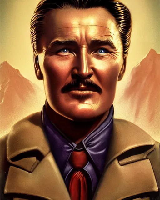 Image similar to Errol Flynn as a scientist. 1980s dystopian Soviet Russia, propaganda screens. Unreal engine, fantasy art by Anna Podedworna. Faithfully depicted facial expression, perfect anatomy global illumination, radiant light, detailed and intricate environment