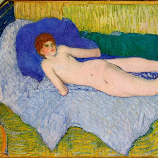 Prompt: androgynous person clothed with blue dress laying on the bed, by pierre bonnard