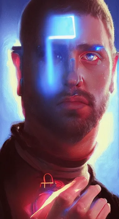 Image similar to portrait of a dj, catholic saint, with advanced robot prosthetic arm, with piercing blue eyes, dramatic light, cinematic background, depth, high detail, digital art, 4 k, painted by greg rutkowski and quentin tarantino, trending on artstation