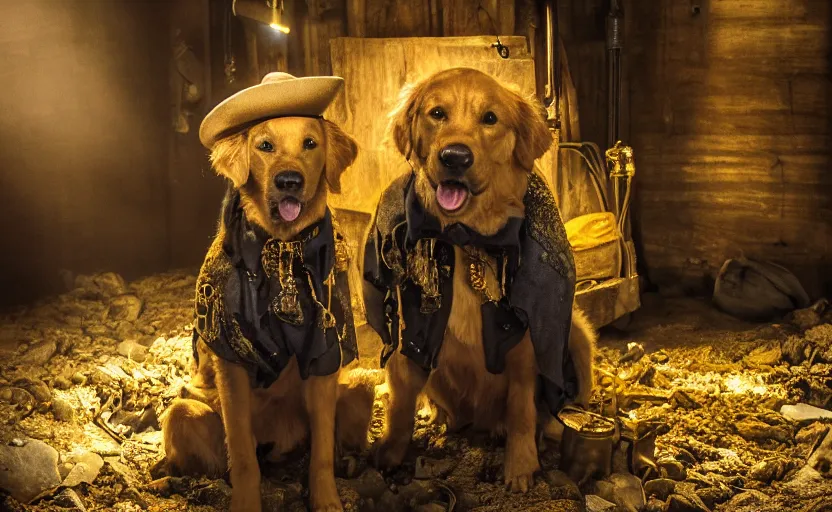 Image similar to a dirty golden retriever in a dark mine wearing a wild west hat and jacket with large piles of gold and gold nuggets nearby, dim moody lighting, wooden supports, lanterns, stylized photo