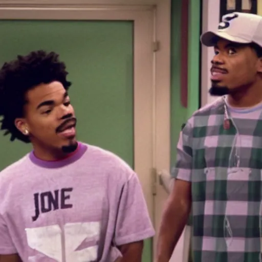 Image similar to a tv still of Chance The Rapper starring as a black college student at Jones College Prep in a 1993 sitcom