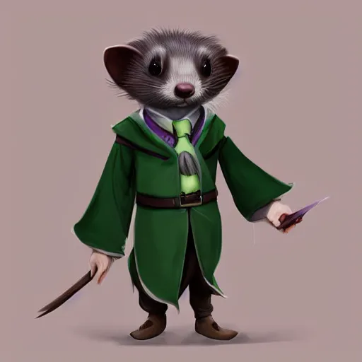 Image similar to a anthropomorphic ferret is dressed as a hogwarts student in slytherin robes, hyperdetailed, artstation, cgsociety, 8 k