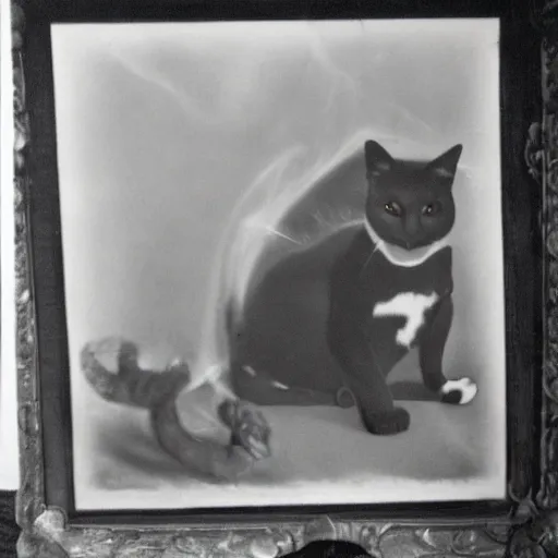 Prompt: lithograph of a cat emitting ectoplasm, haunted cat, ghostly presence, vintage photography