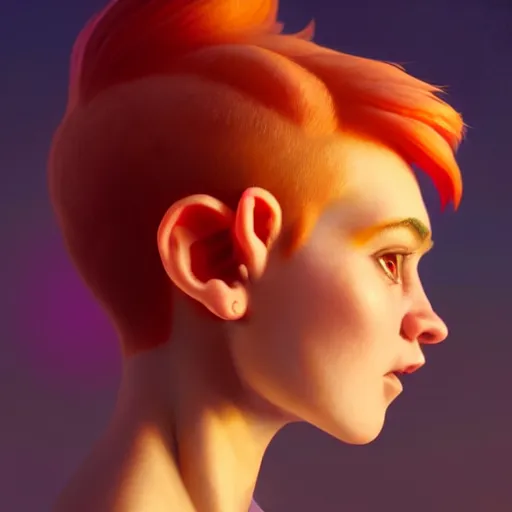 Image similar to a Photorealistic dramatic hyperrealistic gnome woman, pixie undercut hair, by WLOP,Artgerm,Greg Rutkowski,Alphonse Mucha, Beautiful dynamic dramatic bright sunset lighting,shadows,cinematic atmosphere,Artstation,concept design art,Octane render,8k