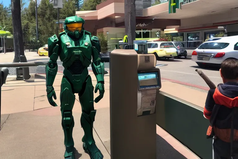 Image similar to master chief waiting in line at mcdonalds