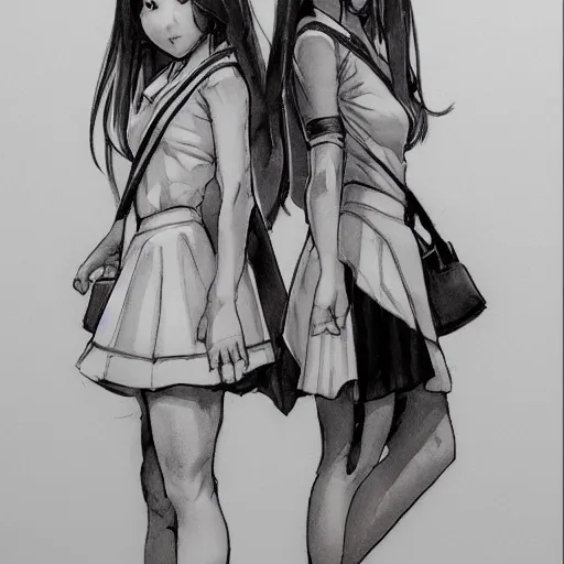 Image similar to a perfect, realistic professional digital sketch for a videogame, two Japanese schoolgirls posing, in style of Marvel, full length, by pen and watercolor, by a professional American senior artist on ArtStation, a high-quality hollywood-style sketch, on high-quality paper