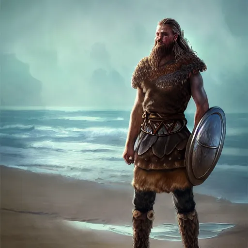 Image similar to portrait of a viking, male standing on the beach facing camera, epic fantasy, detailed, intricate, digital painting, concept art, realistic, smooth, focus, rim light