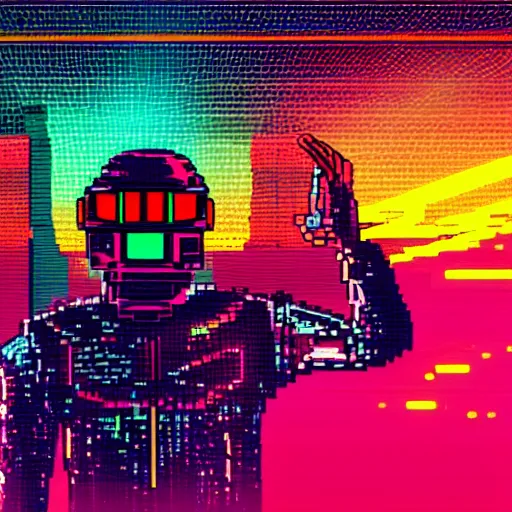 Image similar to daft punk cyberpunk retro synthwave pixel art robot futuristic city background flash colors