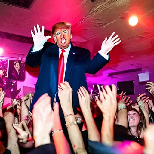 Prompt: trump freaking out on a rave, club photography