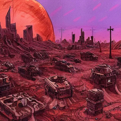 Image similar to dustpunk city on mars with an ethereal glow, gouache ink