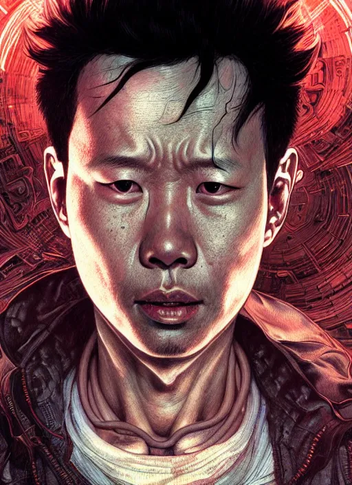 Prompt: Portrait of Tetsuo from Akira, muscular, cables, techwear, intricate, cyberpunk, highly detailed, digital painting, artstation, concept art, smooth, sharp focus, illustration, art by artgerm and greg rutkowski and alphonse mucha