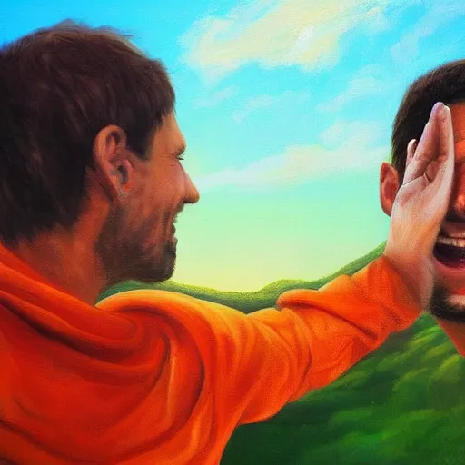 Prompt: landscape, portrait beautiful painting, two men with scarred faces smiling happily while high - fived. fine art, bright colors, trending on artstation, smooth draw, sharp focus, digital art.