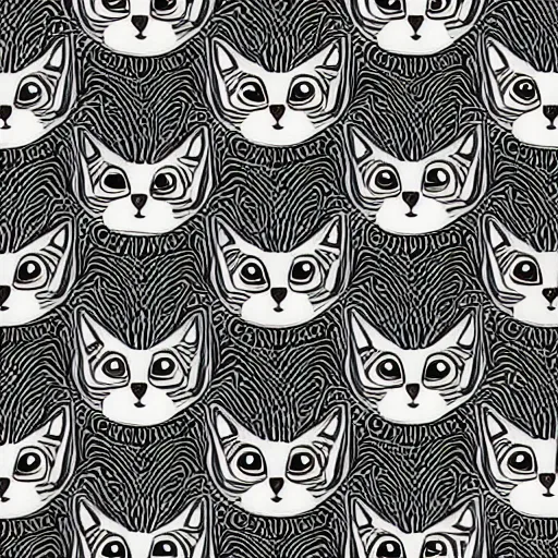 Image similar to drawing realistic stylized cute smiling cats in the style of escher repeating pattern. symmetric. detailed. hd