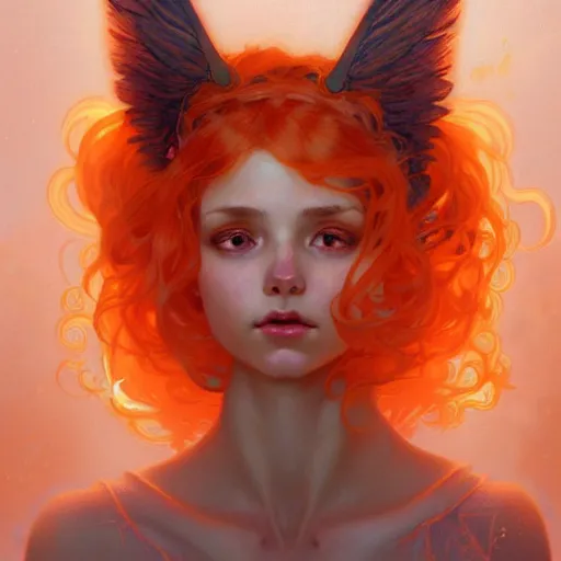 Image similar to Portrait of a girl angel with light orange fuzzy frizzy hair, cat ears, glowing halo, wings, fantasy, intricate, elegant, highly detailed, digital painting, artstation, concept art, smooth, sharp focus, illustration, art by Krenz Cushart and Artem Demura and alphonse mucha