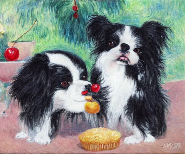 Image similar to white and black japanese chin dog eating cherry muffins, water painting, monet