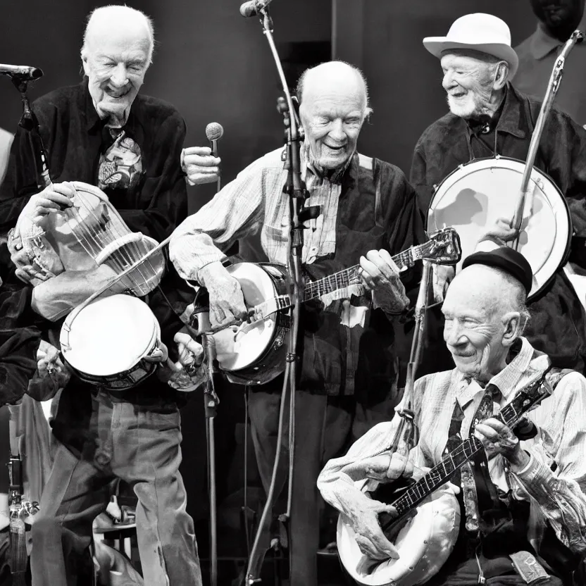 Image similar to black and white photo of 9 0 year old pete seeger playing a banjo and singing with lil nas x who is also playing a banjo - award winning